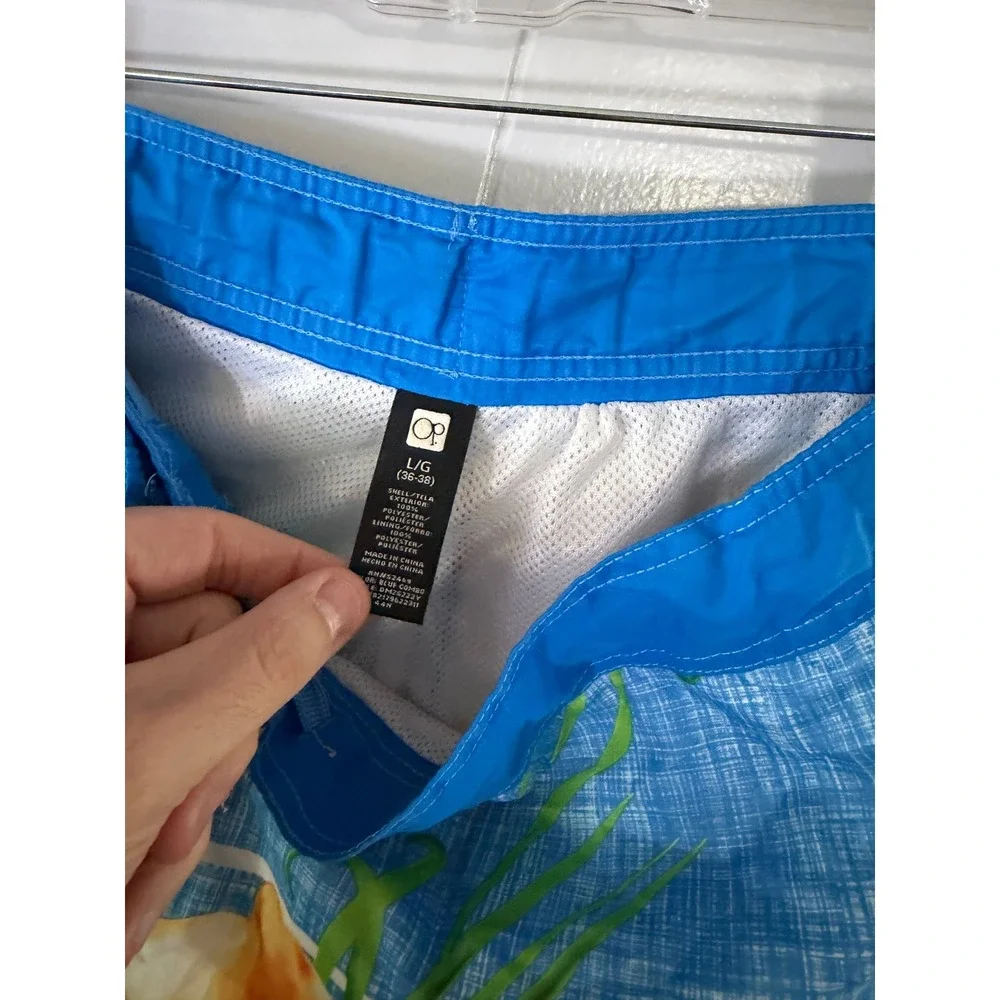 OP Board Shorts Mens L Blue Tropical‎ Hibiscus Floral Mesh Lined Swim Trunks
